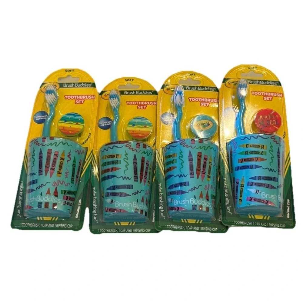 Crayola SET OF 4 Child Toothbrush Set Crayola‎ Blue Kids Brush Buddies Cap